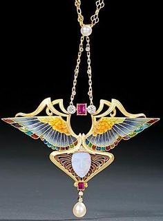 Art Nouveau gold, enamel, diamond, ruby, pearl and opal pendant necklace, by Philippe Wolfers, Belgium, circa 1902. The pendant depicting the goddess Nike. Philippe Wolfers, Goddess Nike, Art Nouveau Pendant, Enamels