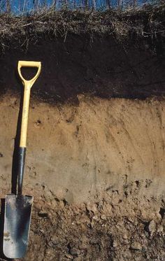 a shovel sitting on top of dirt next to a pile of dirt