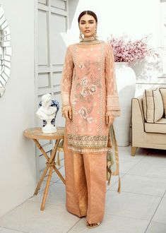 Get this Peach Chiffon Dress, This chiffon party wear completely worked with pure thread, Pakistani Party Wear Online In USA with fast delivery. Elegant Peach Sharara For Reception, Peach Reception Dress With Sheer Dupatta, Designer Peach Dress With Intricate Embroidery, Peach Dress With Intricate Embroidery For High Fashion, Elegant Peach Sets For Reception, Elegant Peach Reception Set, Elegant Peach Sharara With Mirror Work, Peach Resham Embroidery Dress For Reception, Elegant Orange Sharara For Eid