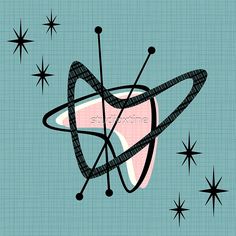 an illustration of a pink object with black lines and stars around it on a blue background