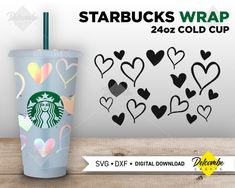 starbucks cup with hearts on it and the words starbucks wrap in black ink next to it