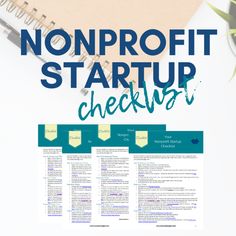 the words, nonprofit start up checkup written in blue and green