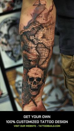 a man's arm with a map and a skull on it, in the middle of