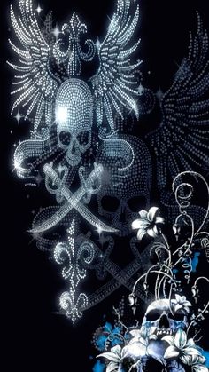 a skull with wings and flowers on a black background