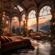 an artistic rendering of a luxurious bedroom overlooking the ocean