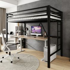 a loft bed with desk underneath it in a living room next to a large window