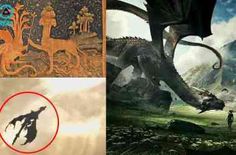 three different pictures, one with an image of a dragon and the other with a demon