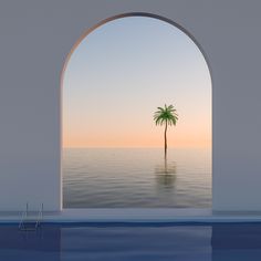 a palm tree sitting in the middle of a body of water with an arch leading to it