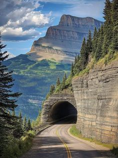 a tunnel in the side of a mountain with trees on both sides and a road going through it