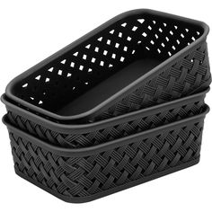 three black baskets are stacked on top of each other, one is empty and the other has