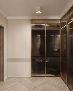 an empty walk in closet with glass doors and wood flooring on the side wall