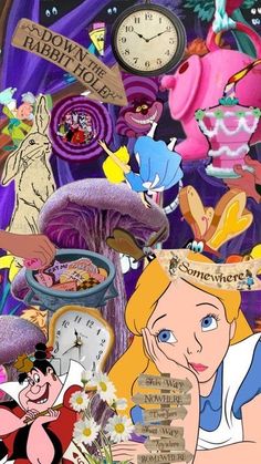 a collage of cartoon characters with clocks, flowers and other things in the background