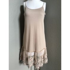 Beige Lace Tulle Dress Extender Spring Brunch Slip Dress With Lace Trim, Lace Trim Slip Dress For Spring, Flowy Sheer Beige Dress, Beige Lace Patchwork Mini Dress For Summer, Beige Sheer Flowy Dress, Summer Stretch Dress With Lace Trim, Beige Flowy Sheer Dress, Beige Lace Trim Slip Dress For Summer, Spring Cream Slip Dress With Lace Trim