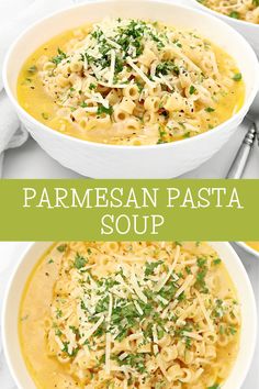 two bowls of parmesan pasta soup with cheese and parsley in the middle