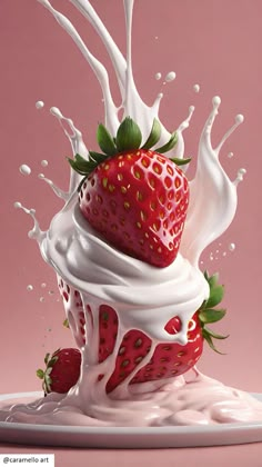 a strawberry splashing into milk on top of a plate