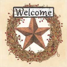 a wreath with a star and the words welcome written on it is surrounded by red berries