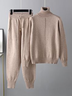 Casual Solid Long Sleeves High-Neck Sweater Tops  &  Drawstring Wide Leg Pants Suits  GRAY-One_size Sweater Two Piece Set, Winter Turtleneck, Wide Leg Pant Suit, Casual Turtleneck, Solid Color Sweater, Sweater Tops, Y2k Aesthetic Outfits, High Neck Sweater, Womens Turtleneck