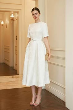 Avery A-line Short Sleeved Brocade Midi Dress | MEAN BLVD Mean Blvd, Work Dresses For Women, A Line Shorts, Sophisticated Dress, White Midi Dress, Classy Dress, Elegant Outfit, Modest Fashion, Classy Outfits