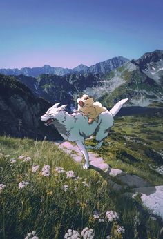 a man riding on the back of a white horse down a lush green hillside covered in snow