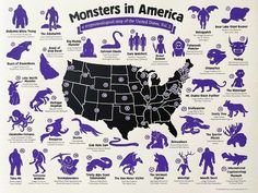 a poster with the names and symbols of monsters in america on it's map