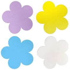 four different colored flower shapes on a white background with one blue, one yellow and one purple