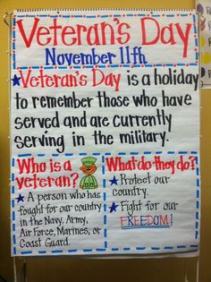 a veterans day poster hanging on the wall next to a bulletin board that says veterans day