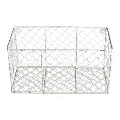 a white wire basket on a white background