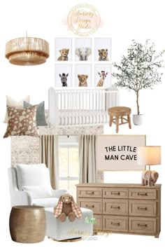 a baby's nursery room with white furniture and brown accents, including a teddy bear crib