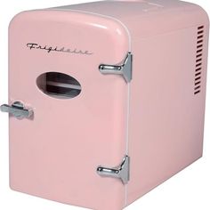 a pink refrigerator with the door open and handle on it's side, sitting in front of a white background