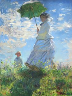 a painting of a woman holding an umbrella while standing next to a child in a field