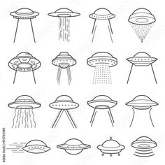 an image of different types of alien spaceships in black and white illustration on a white background