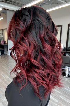 45 Sizzling Hot Red Highlights Ideas for Black Hair - Flo's Blog Black Shadow Root To Red, Long Red Balayage Hair, Curly Hair With Red Tips, Dark Vibrant Red Hair, Dark Hair With Red Balayage, Red And Brown Hair Ideas, Red With Black Hair, Curly Red Highlights, Red Highlights Black Hair