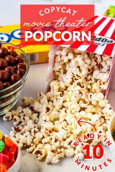 popcorn, candy and movie tickets on a table with the title copycat movie theater popcorn