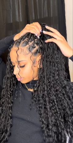 Goddess Box Braids With Human Hair, Her Hairstyles, Medium Knotless Braids With Curly Hair, Goddess Braids Hair Extensions, Braids With Curly Pieces, Godness Boho Braids, Goddess Braids Hairstyles Claw Clip, Goddess Braids Claw Clip, Long Braided Hairstyles