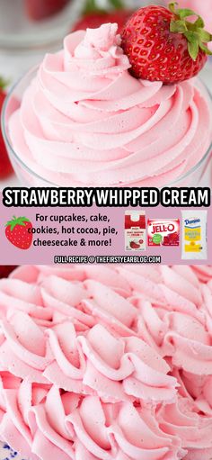 Strawberry Whipped Cream pin with overlay text Whipped Pudding Frosting, Whipped Frosting Flavors, Vanilla Cake With Strawberry Filling Whipped Cream, Strawberry Angel Food Cupcakes, Strawberry Jello Whipped Cream Dessert, Stabilized Strawberry Whipped Cream Frosting, Angel Food Cake Toppings Frostings, Strawberries Cream Cake, Pudding Coolwhip Frosting