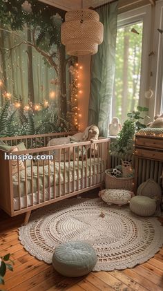 a baby's room decorated in green and white