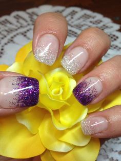 Nails With Purple Accent, Nails With Purple, Purple And Silver Nails, Glitter French Manicure, French Manicure Designs, White And Silver Nails, French Manicure Nails, Glitter Gel Nails, Vacation Nails