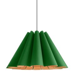 a green light hanging from a ceiling fixture with wood strips on the bottom and sides