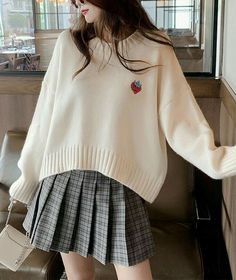 Sweater Outfits Korean, Korean Sweater, Strawberry Embroidery, Skirt Aesthetic, Oversized Sweater Outfit, Outfit Korean Style, Cute Skirt Outfits