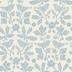 a blue and white wallpaper with leaves and birds