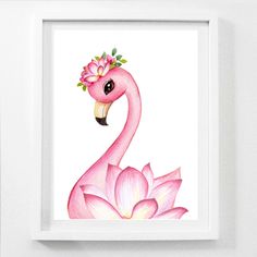 a watercolor painting of a pink flamingo with a flower in its beak