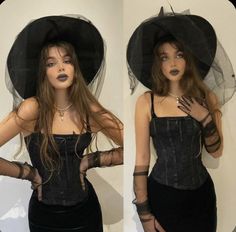 two photos of a woman wearing a black corset and hat with sheer sleeves