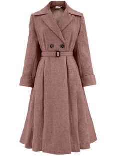 Our iconic Promenade coat is now available in a flecked red and brown shade. It is a vintage treasure replicated from an original 1940s coat. Realised in a quality wool blend fabric and rich satin lining, this coat exhibits all the charming characteristics of the original. * Square shoulders, a large collar, and shoulder pads. * A wrap-across front, with two buttons showing, and internal fastening ribbons. * Set-in sleeves with deep cuffs. * A waist seam that has secured pleats in the bodice and skirt. * Matching fabric belt with a brown buckle and silver eyelets. * Fully lined in rose taupe satin. Partner with a vintage ensemble for an authentic look that also keeps you cosy and warm. 60% wool and 40% polyester. These wonderful reproduction coats are very fitted at the waist, so if you th 1940s Dark Academia, Square Shoulders, 1940s Coat, 1940s Jacket, Dancer Lifestyle, Vintage Style Shoes, Vintage Knitwear, 1940s Style