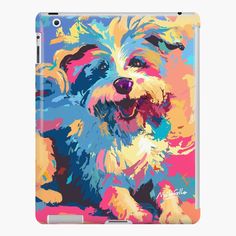 a colorful painting of a dog on a white background