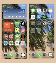 an image of two iphones with different icons on the screen and palm trees in the background