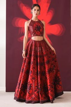 Shop for Mehak Talreja Couturre Red Silk Floral Print Lehenga And Blouse Set for Women Online at Aza Fashions Halter Blouse Lehenga, Floral Print Lehenga, Halter Neck Blouse, Lehenga And Blouse, Print Lehenga, Kurta Lehenga, Lehenga Crop Top, Lehenga Pattern, Halter Neck Blouses