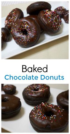 baked chocolate donuts with sprinkles on a white plate and in the background