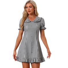 Look as cute as you do cool and collected in this Peter Pan collar dress. This fanciful Peter Pan collar mini dress is designed with a sweet collar and ruffled skirt. The beautiful gingham print dress has short puff sleeves and a mini-length skirt finished with a soft ruffle hem. Walk with a brisk in your step in the Gingham Print Wrap Mini Dress and be the center of everyone's attention. Chic Gingham Mini Dress With Ruffles, Short Sleeve Plaid Dress With Ruffles For Picnic, Fitted Mini Plaid Dress With Ruffles, Fitted Mini Length Plaid Dress With Ruffles, Short Sleeve Mini Dress With Ruffles For Picnic, Fitted Plaid Mini Dress With Ruffles, Cute Fitted Mini-length Plaid Dress, Gingham Mini Dress With Ruffles, Fitted Ruffle Hem Mini Dress For Picnic