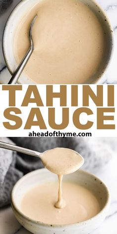 tahini sauce in a white bowl with a spoon on the side and text overlay that reads tahini sauce