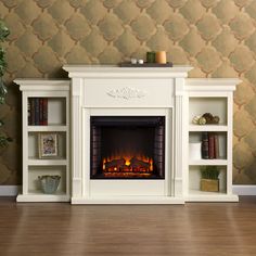 a living room with a fire place and bookshelves in front of the fireplace